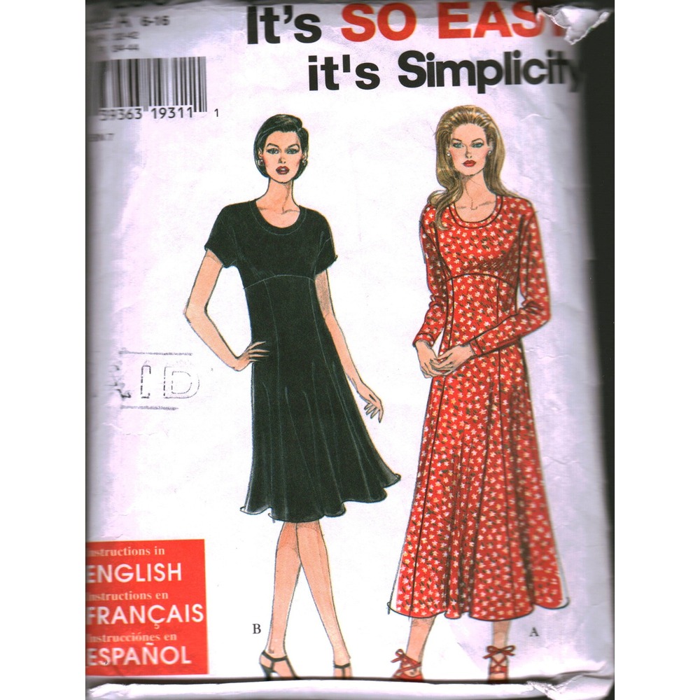 Simplicity 7290 Sewing Pattern Misses Petite Empire Waist Dress Sz 6-16 Vintage